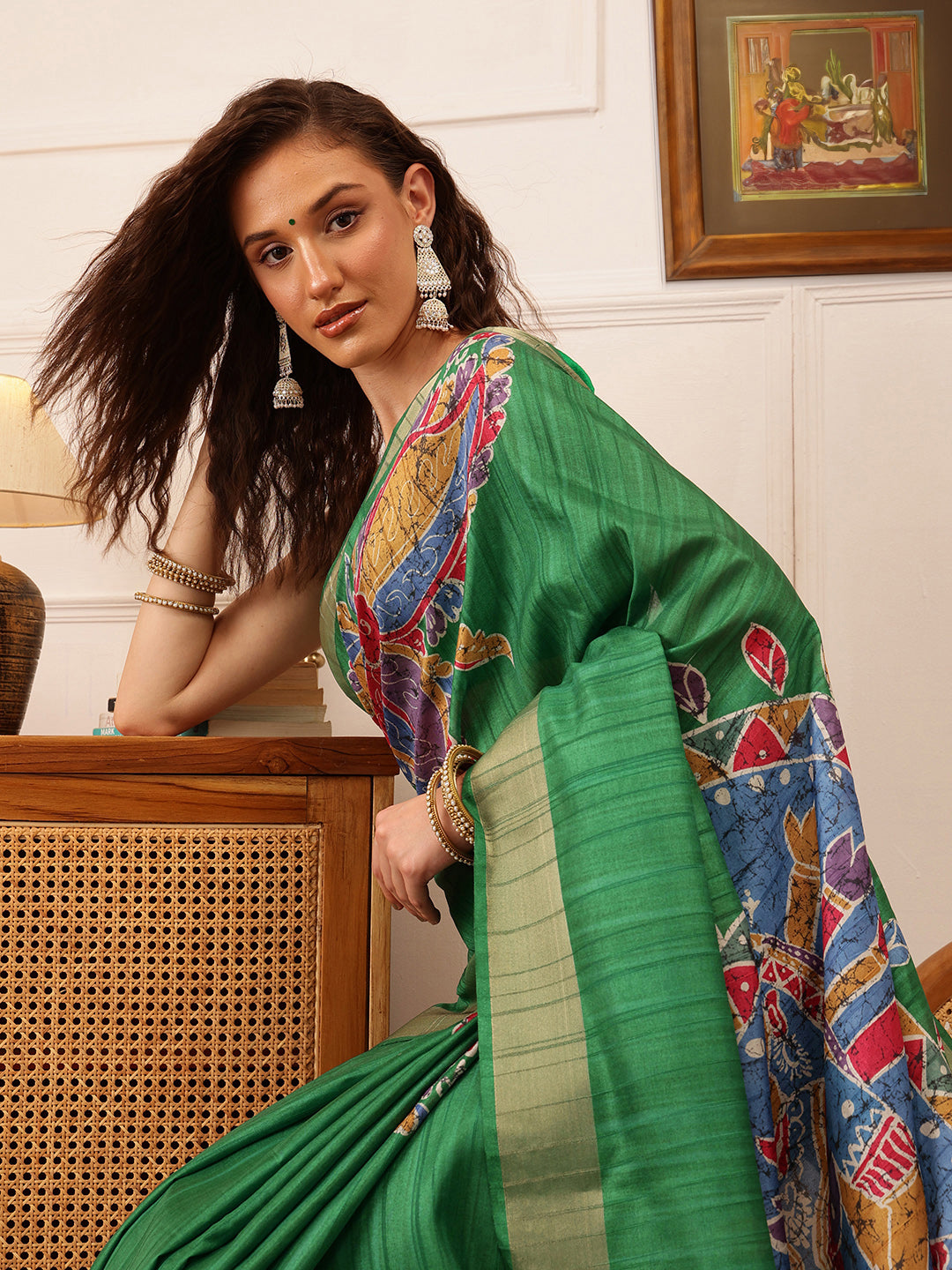 Hiral Fashion Green Ikkat Kotha Silk Floral Digital Print Saree | Swadesiicart