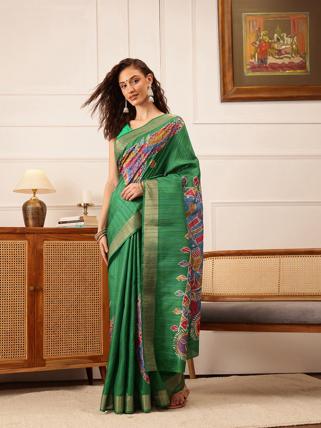 Hiral Fashion Green Ikkat Kotha Silk Floral Digital Print Saree | Swadesiicart