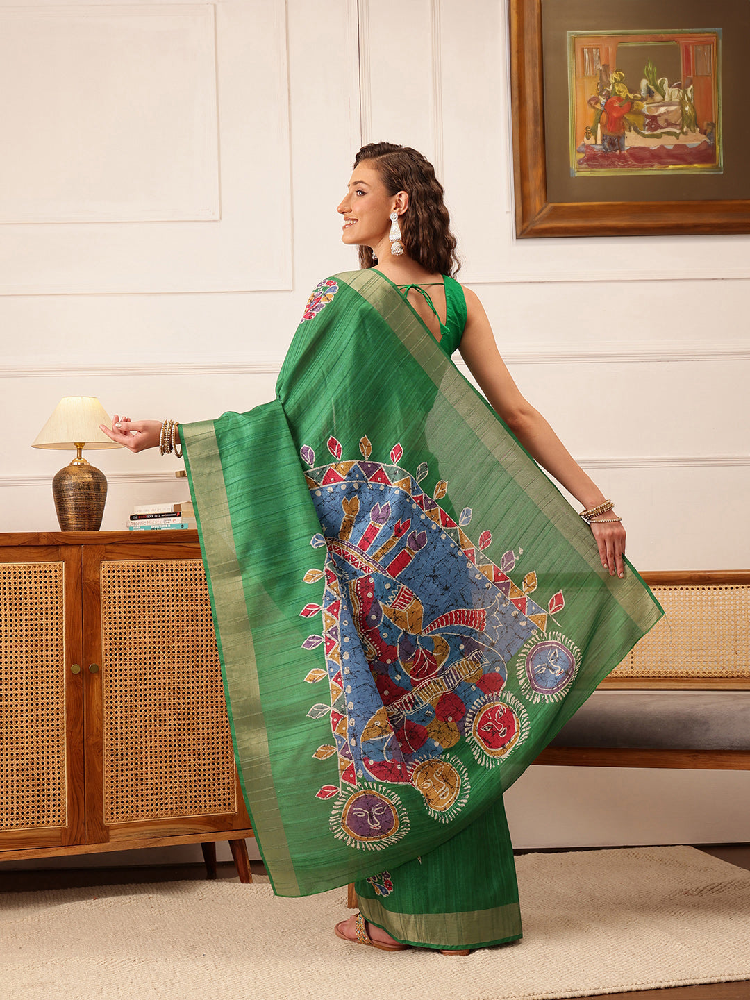 Hiral Fashion Green Ikkat Kotha Silk Floral Digital Print Saree | Swadesiicart