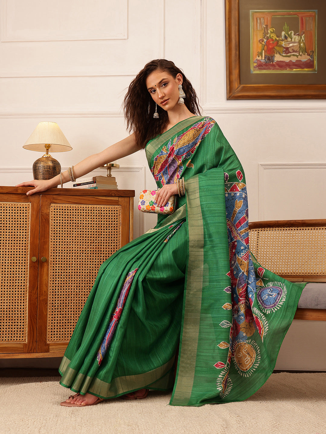 Hiral Fashion Green Ikkat Kotha Silk Floral Digital Print Saree | Swadesiicart