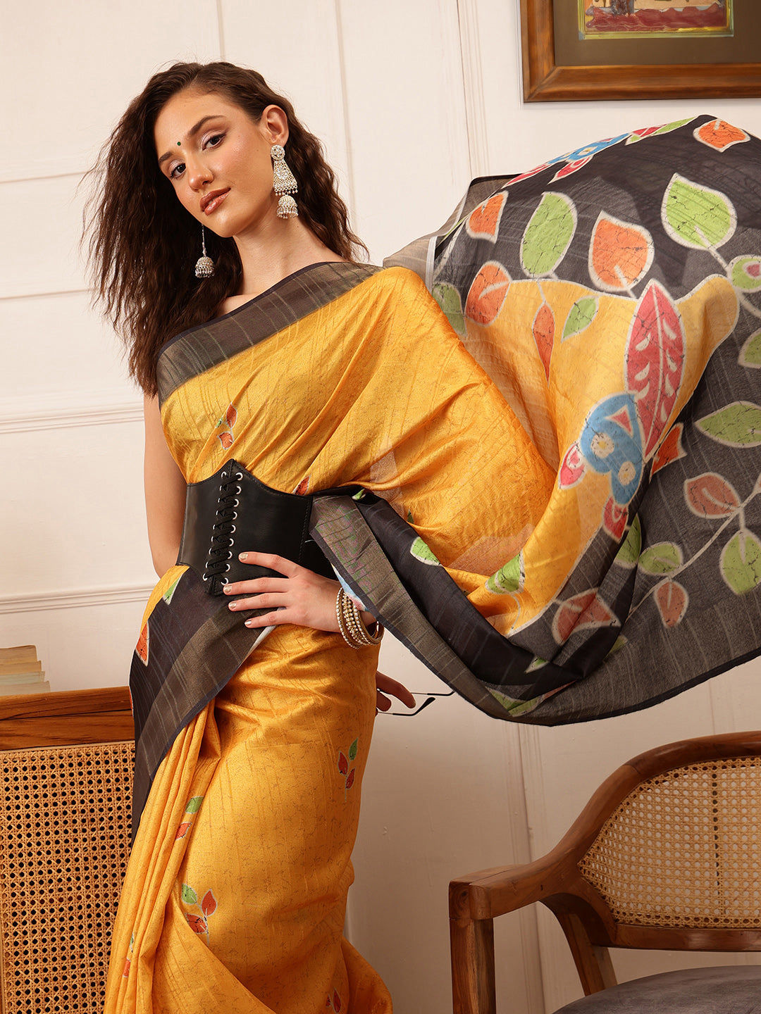 Hiral Fashion Mustard Ikkat Kotha Silk Floral Digital Print Saree | Swadesiicart