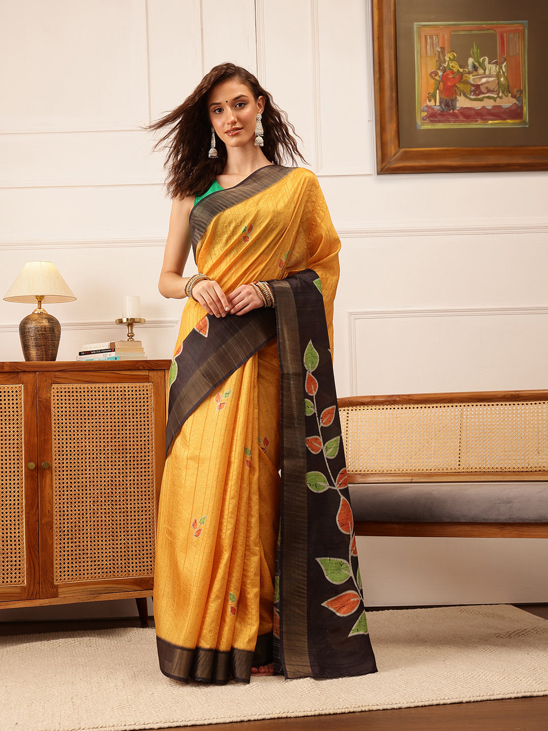 Hiral Fashion Mustard Ikkat Kotha Silk Floral Digital Print Saree | Swadesiicart
