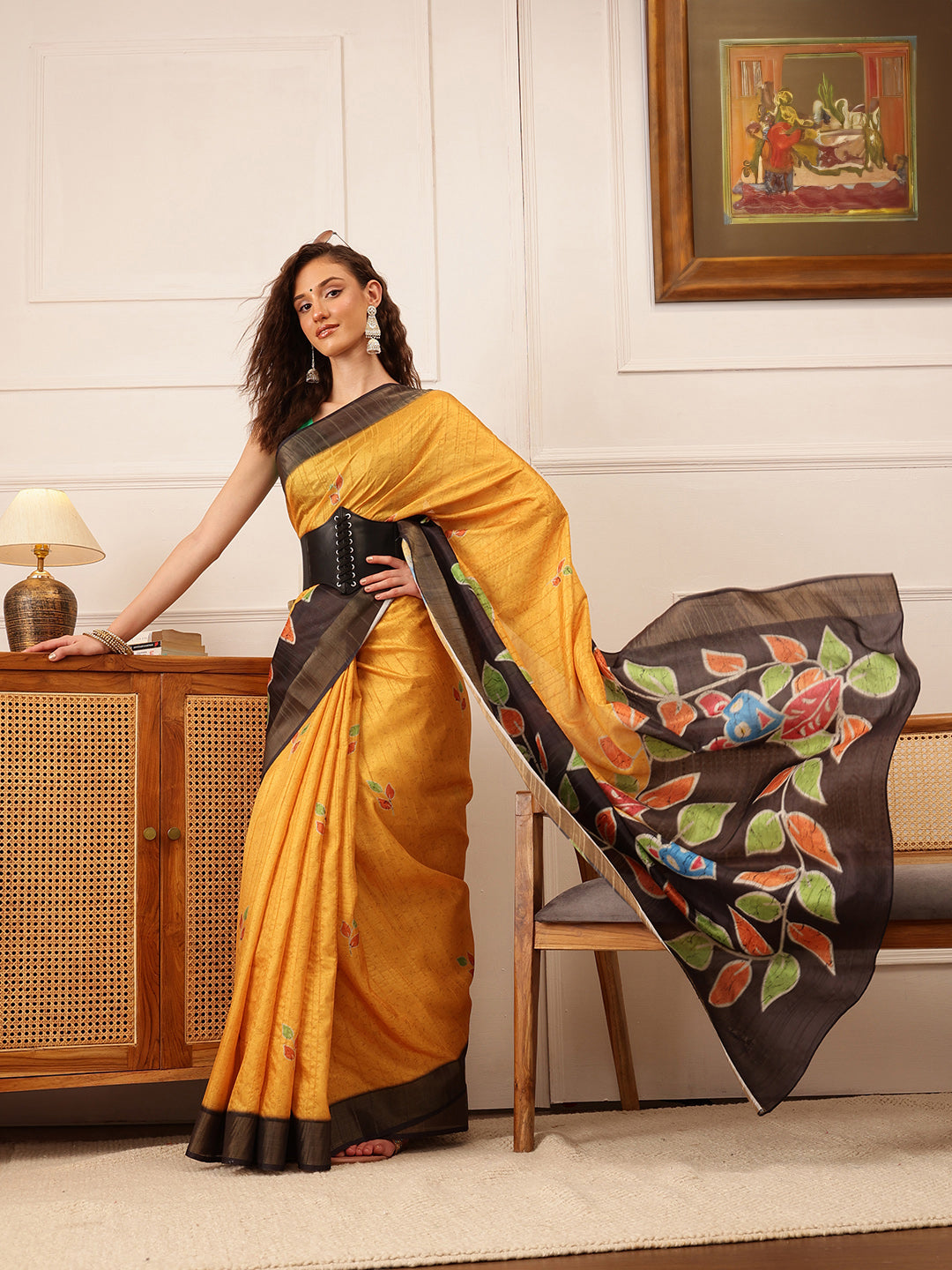 Hiral Fashion Mustard Ikkat Kotha Silk Floral Digital Print Saree | Swadesiicart