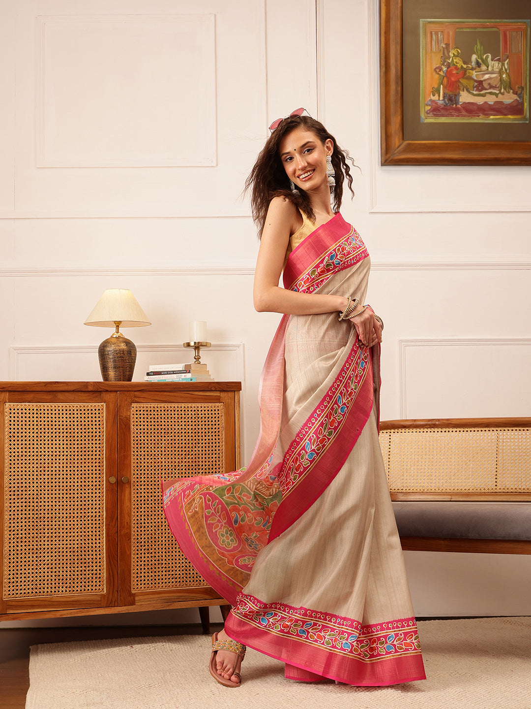 Hiral Fashion Beige Ikkat Kotha Silk Floral Digital Print Saree | Swadesiicart