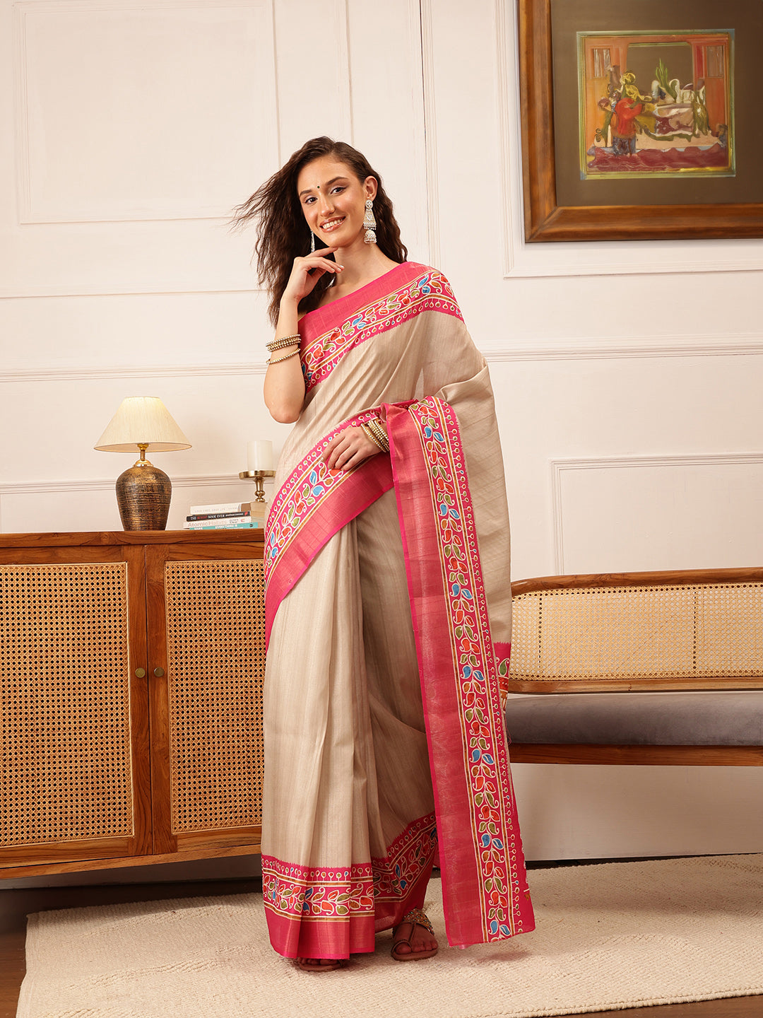 Hiral Fashion Beige Ikkat Kotha Silk Floral Digital Print Saree | Swadesiicart