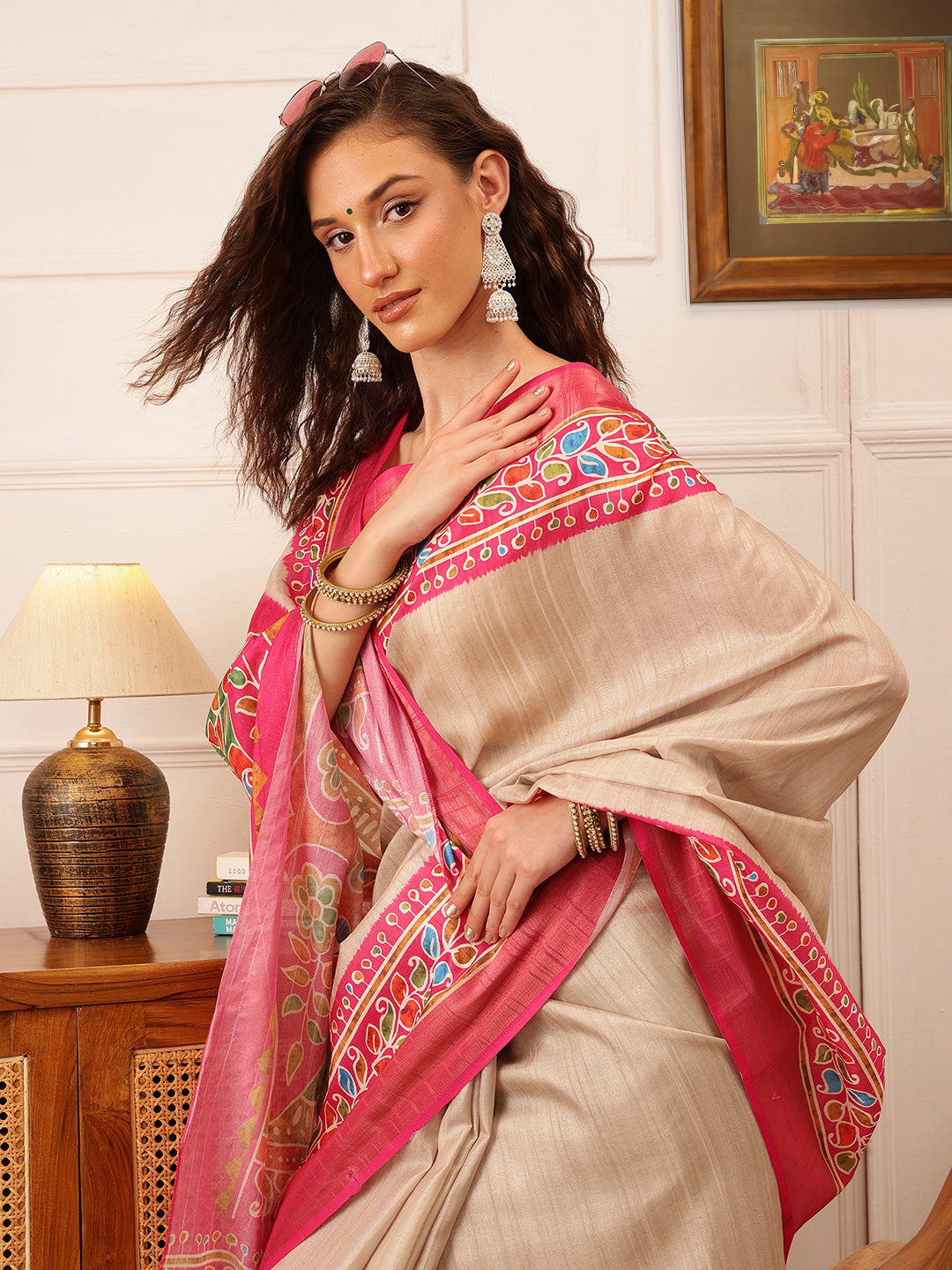 Hiral Fashion Beige Ikkat Kotha Silk Floral Digital Print Saree | Swadesiicart