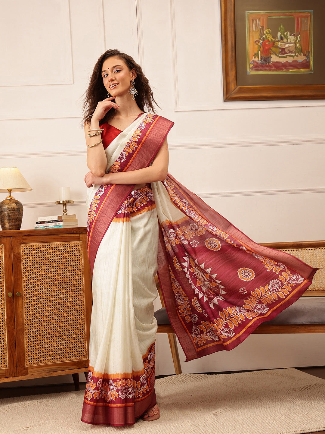 Hiral Fashion Off White Ikkat Kotha Silk Floral Digital Print Saree | Swadesiicart
