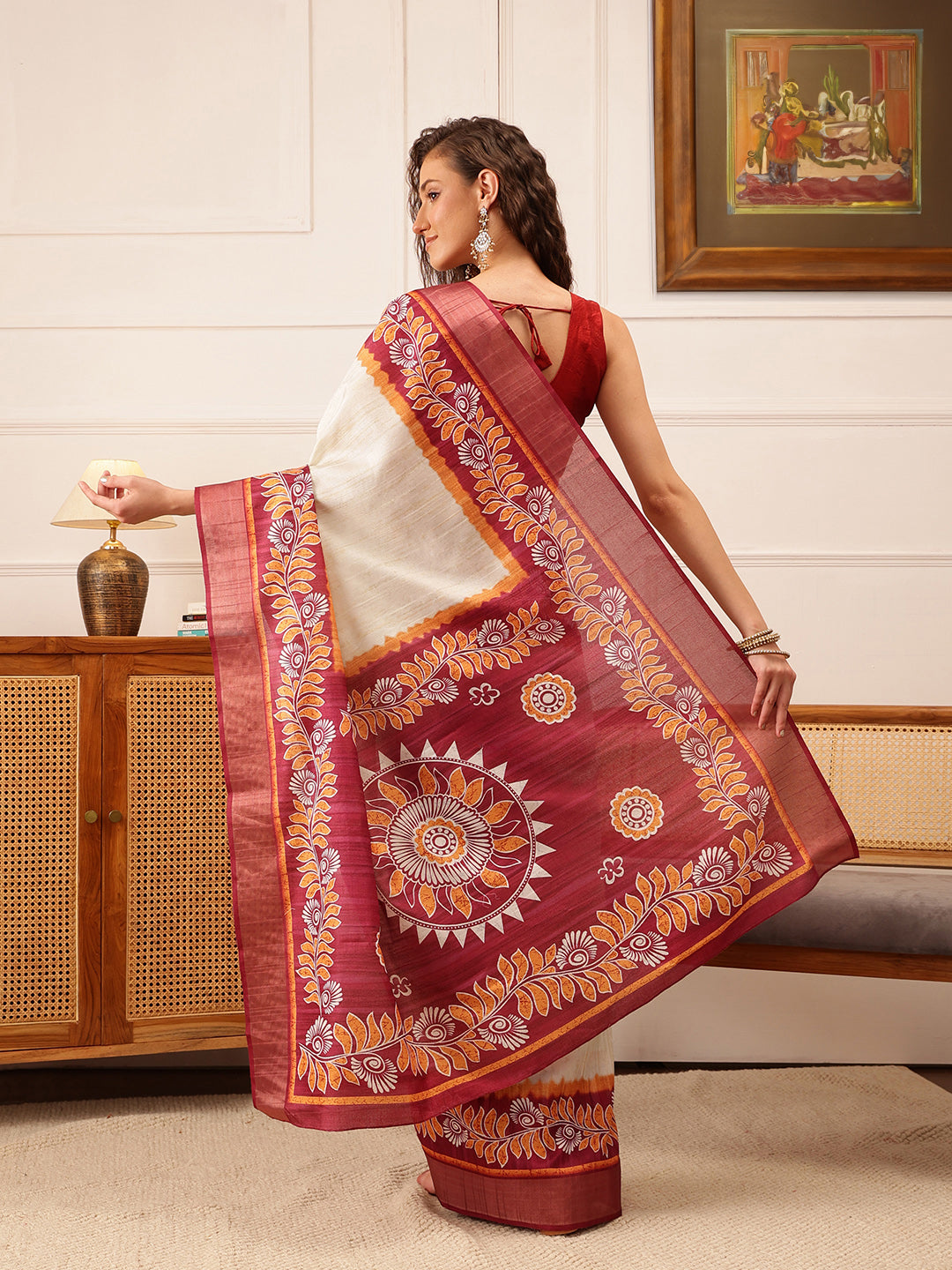 Hiral Fashion Off White Ikkat Kotha Silk Floral Digital Print Saree | Swadesiicart