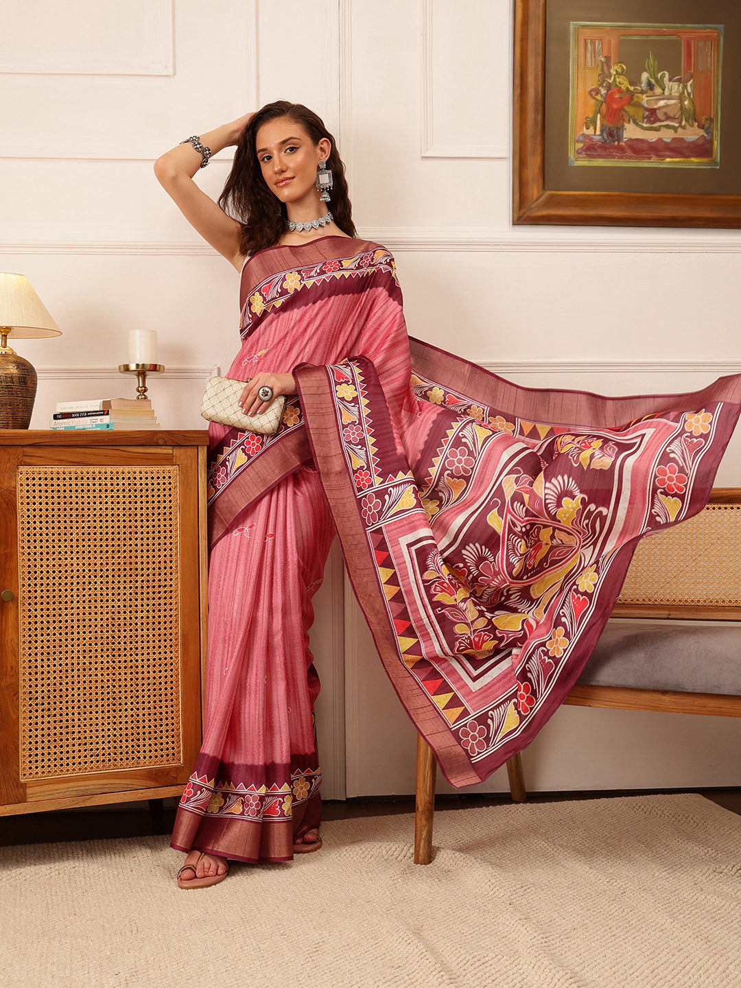 Hiral Fashion Pink Ikkat Kotha Silk Floral Digital Print Saree | Swadesiicart