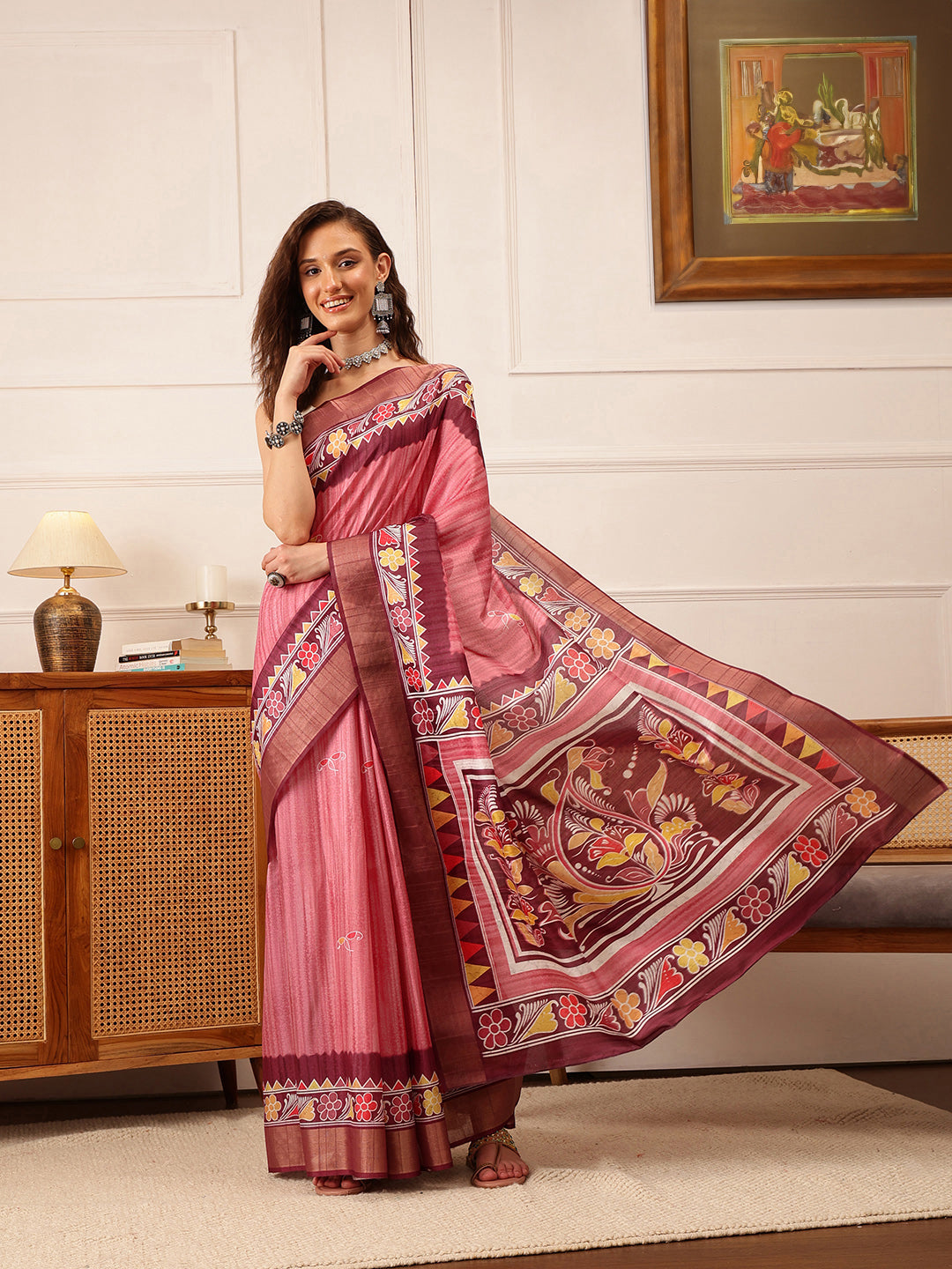 Hiral Fashion Pink Ikkat Kotha Silk Floral Digital Print Saree | Swadesiicart
