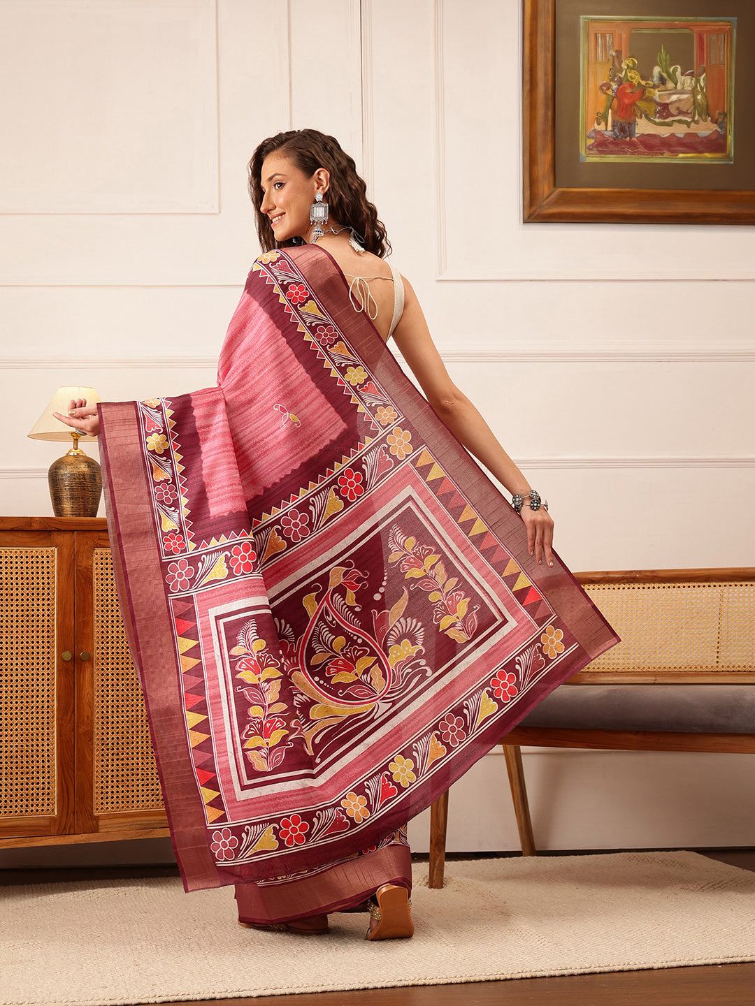Hiral Fashion Pink Ikkat Kotha Silk Floral Digital Print Saree | Swadesiicart