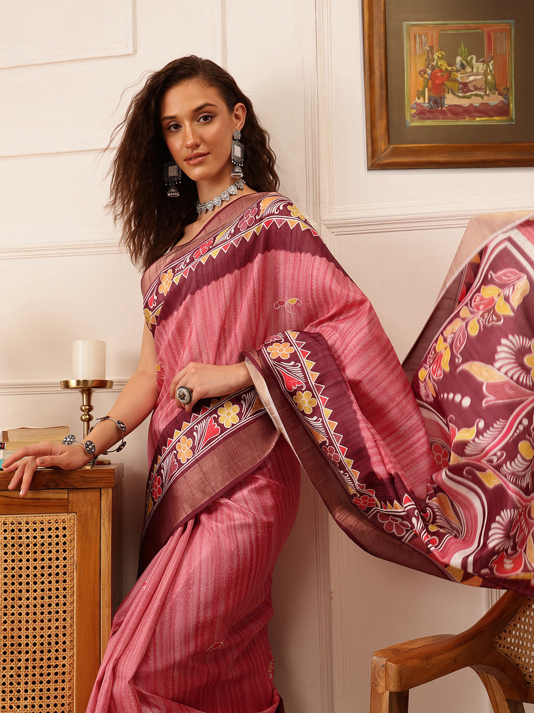 Hiral Fashion Pink Ikkat Kotha Silk Floral Digital Print Saree | Swadesiicart