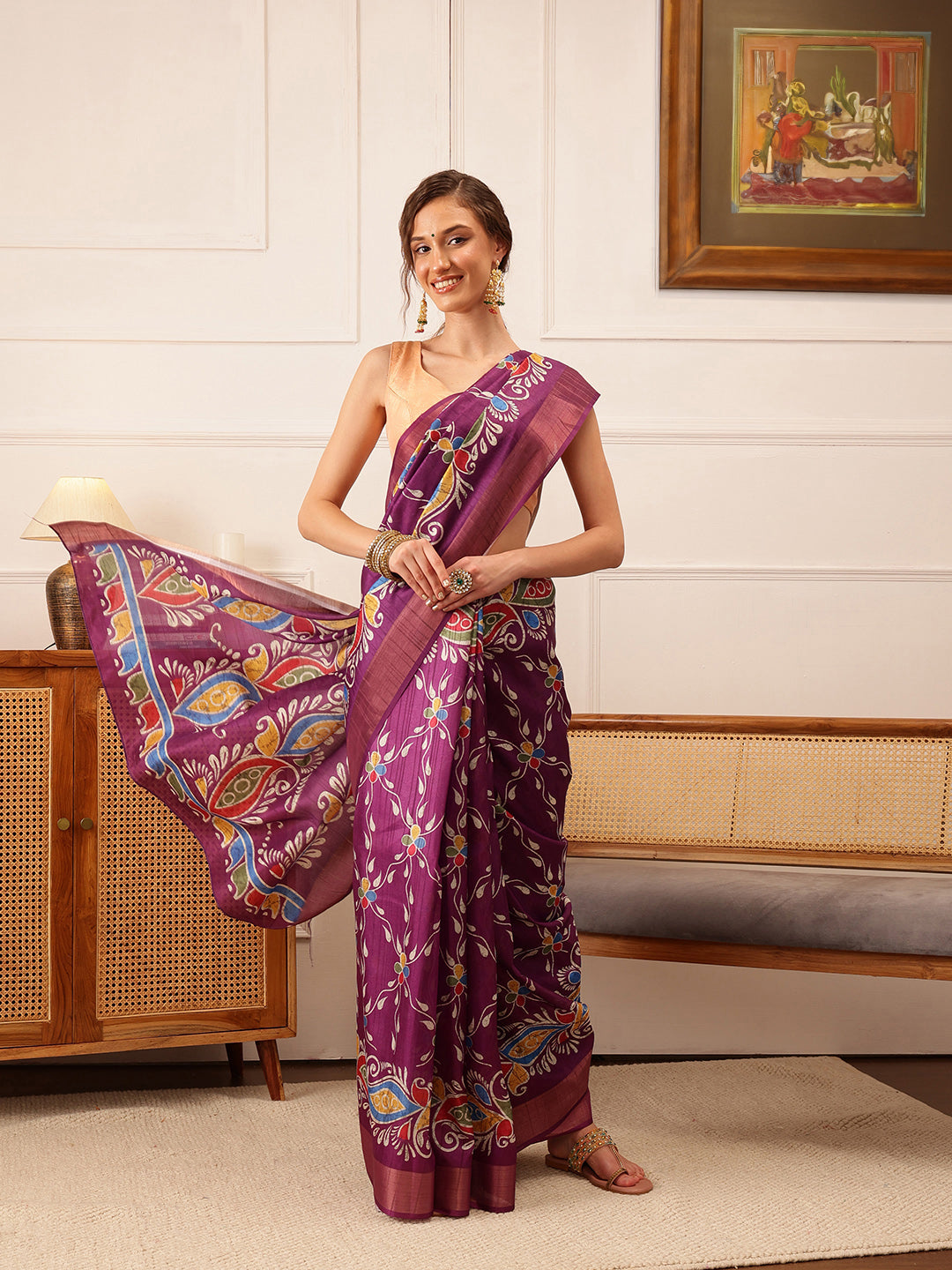 Hiral Fashion Purple Ikkat Kotha Silk Floral Digital Print Saree | Swadesiicart