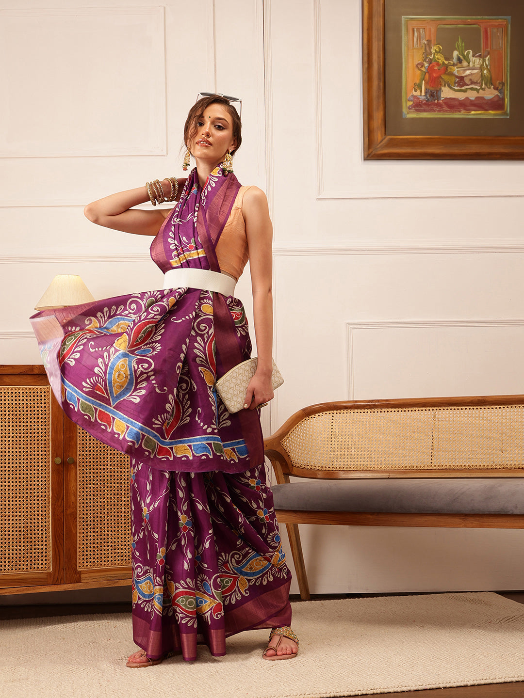 Hiral Fashion Purple Ikkat Kotha Silk Floral Digital Print Saree | Swadesiicart