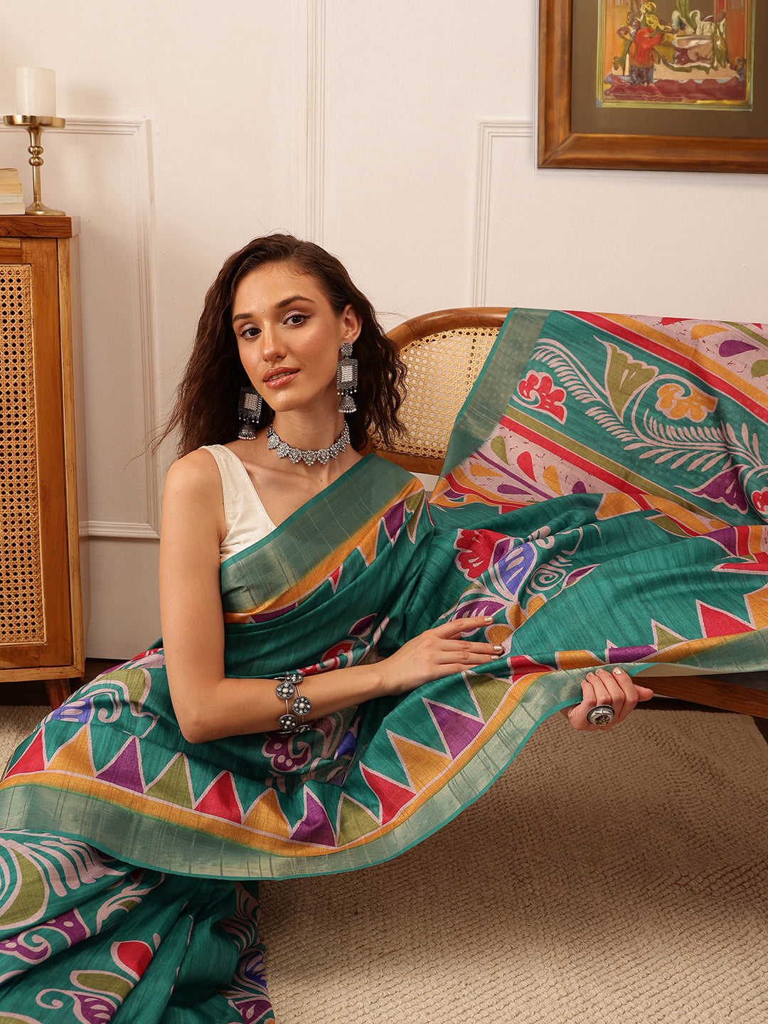 Hiral Fashion Teal Ikkat Kotha Silk Floral Digital Print Saree | Swadesiicart