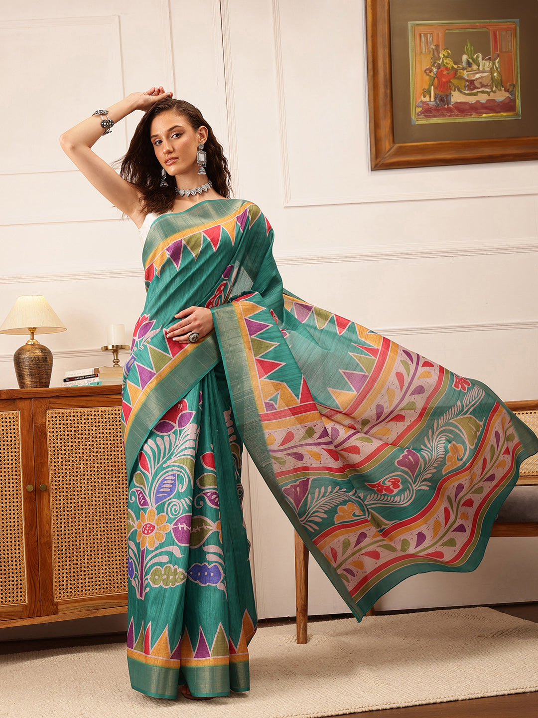 Hiral Fashion Teal Ikkat Kotha Silk Floral Digital Print Saree | Swadesiicart