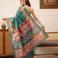 Hiral Fashion Teal Ikkat Kotha Silk Floral Digital Print Saree | Swadesiicart