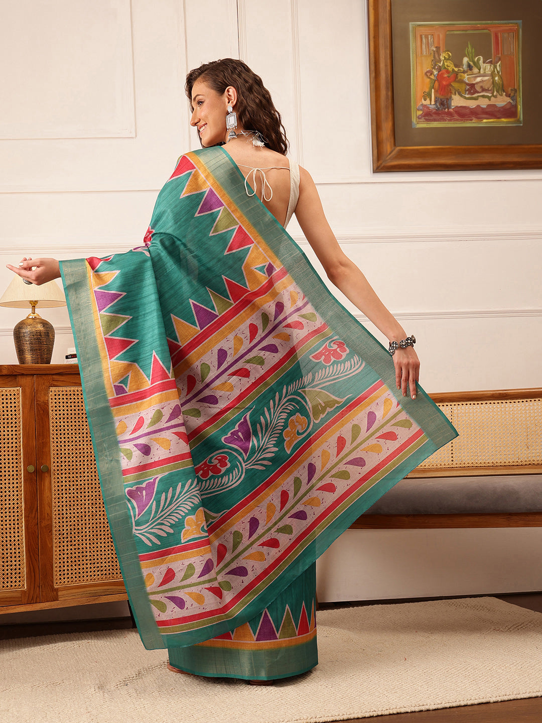 Hiral Fashion Teal Ikkat Kotha Silk Floral Digital Print Saree | Swadesiicart