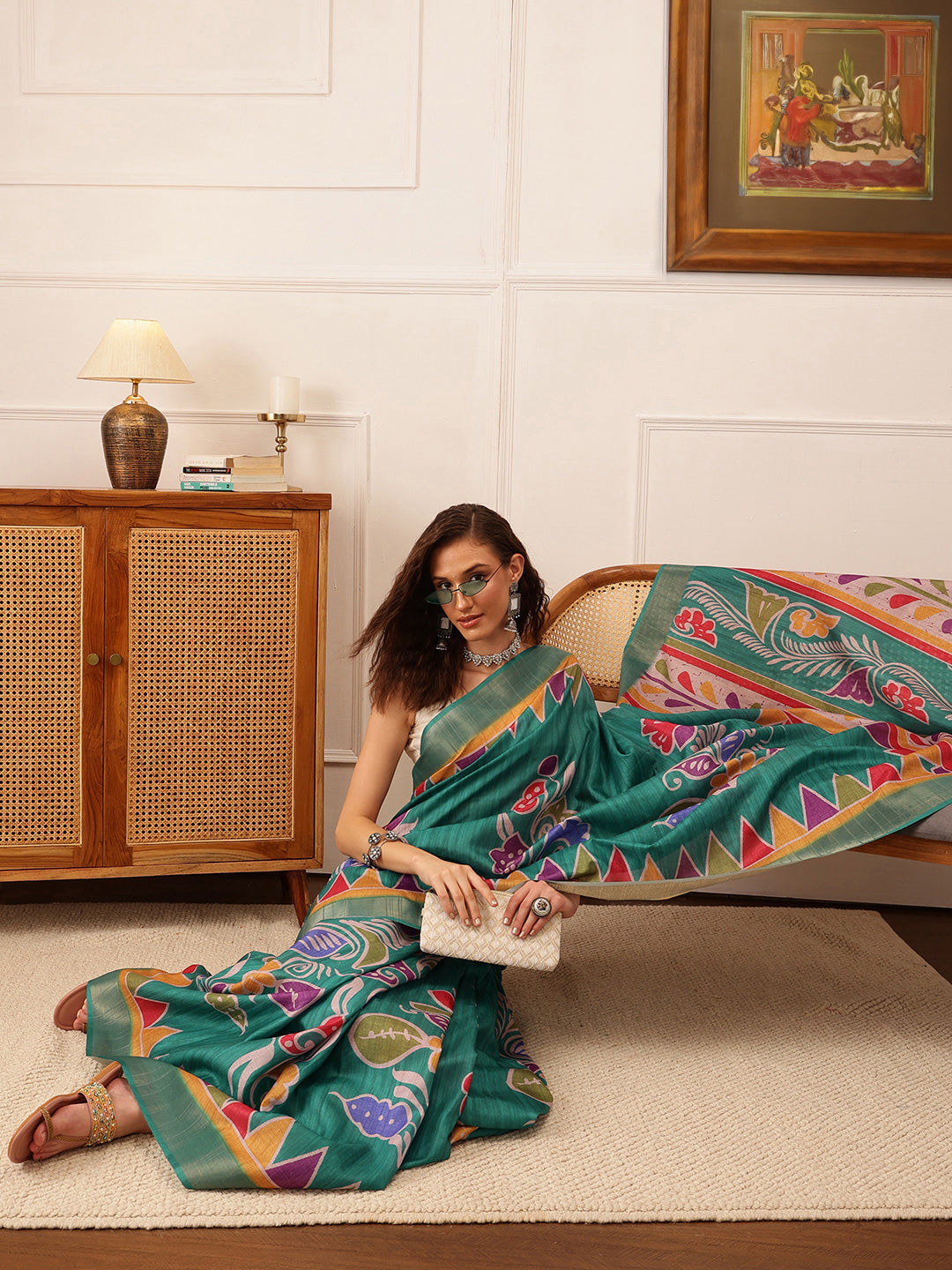 Hiral Fashion Teal Ikkat Kotha Silk Floral Digital Print Saree | Swadesiicart