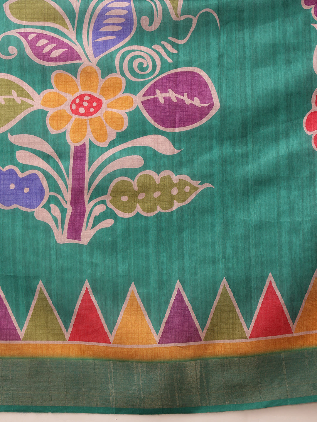 Hiral Fashion Teal Ikkat Kotha Silk Floral Digital Print Saree | Swadesiicart