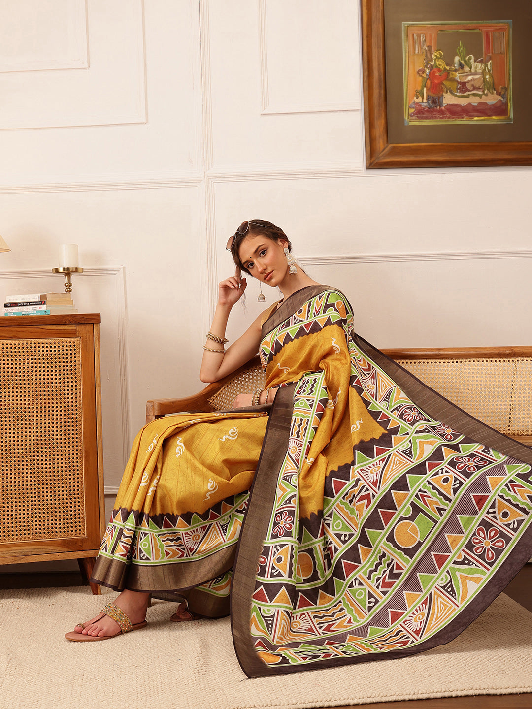 Hiral Fashion Yellow Ikkat Kotha Silk Floral Digital Print Saree | Swadesiicart