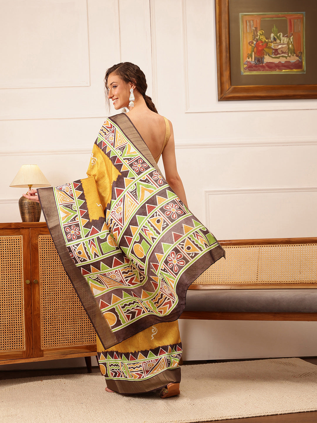 Hiral Fashion Yellow Ikkat Kotha Silk Floral Digital Print Saree | Swadesiicart