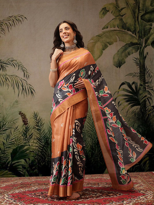 Hiral Fashion Black Banarasi Silk Blend Floral Digital Printed Saree | Swadesiicart
