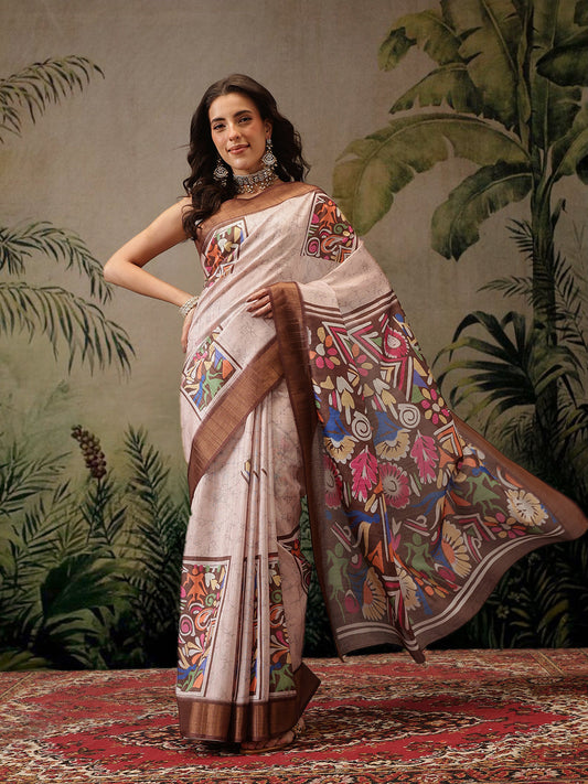 Hiral Fashion Multi Banarasi Silk Blend Floral Digital Printed Saree | Swadesiicart