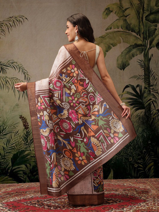 Hiral Fashion Multi Banarasi Silk Blend Floral Digital Printed Saree | Swadesiicart