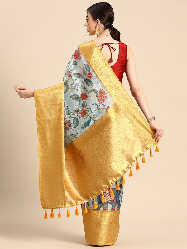 Sky Blue Munga Silk Digital Print Floral Saree with Unstitched Blouse - Hiral Fashion | Swadesiicart