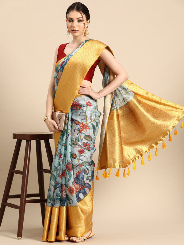 Sky Blue Munga Silk Digital Print Floral Saree with Unstitched Blouse - Hiral Fashion | Swadesiicart