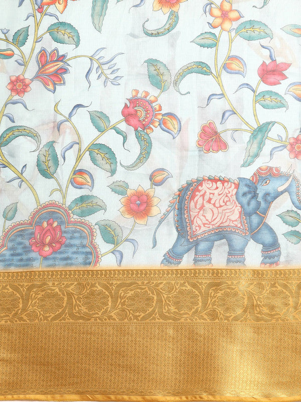 Sky Blue Munga Silk Digital Print Floral Saree with Unstitched Blouse - Hiral Fashion | Swadesiicart