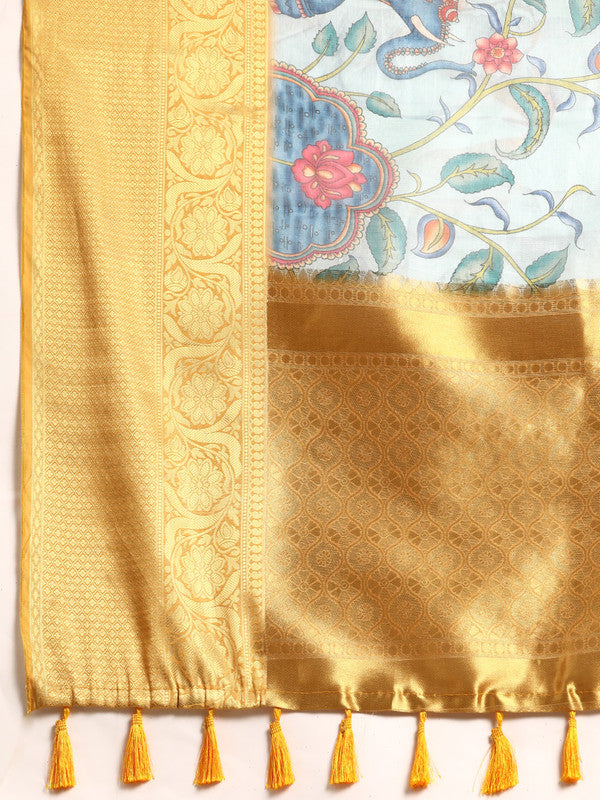Sky Blue Munga Silk Digital Print Floral Saree with Unstitched Blouse - Hiral Fashion | Swadesiicart