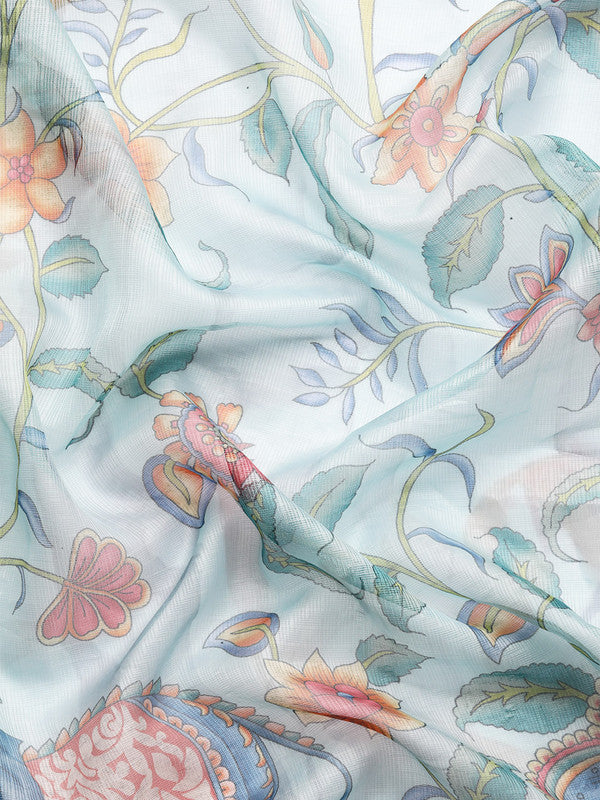 Sky Blue Munga Silk Digital Print Floral Saree with Unstitched Blouse - Hiral Fashion | Swadesiicart