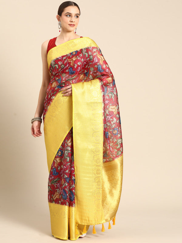 Maroon Munga Silk Digital Print Floral Saree with Unstitched Blouse - Hiral Fashion | Swadesiicart