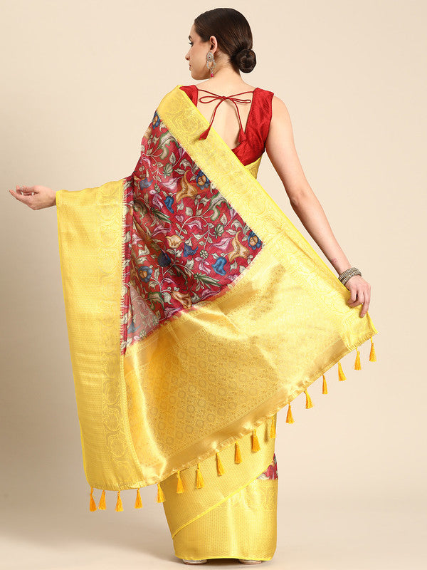 Maroon Munga Silk Digital Print Floral Saree with Unstitched Blouse - Hiral Fashion | Swadesiicart