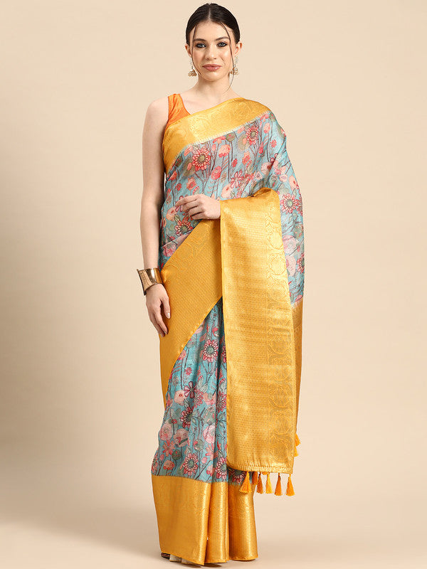 Turquoise Munga Silk Digital Print Floral Saree with Unstitched Blouse - Hiral Fashion | Swadesiicart