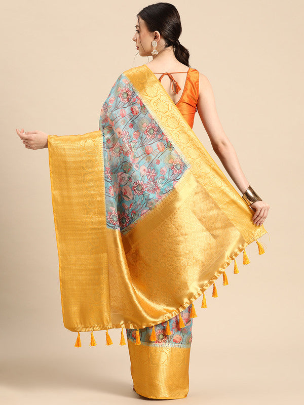 Turquoise Munga Silk Digital Print Floral Saree with Unstitched Blouse - Hiral Fashion | Swadesiicart