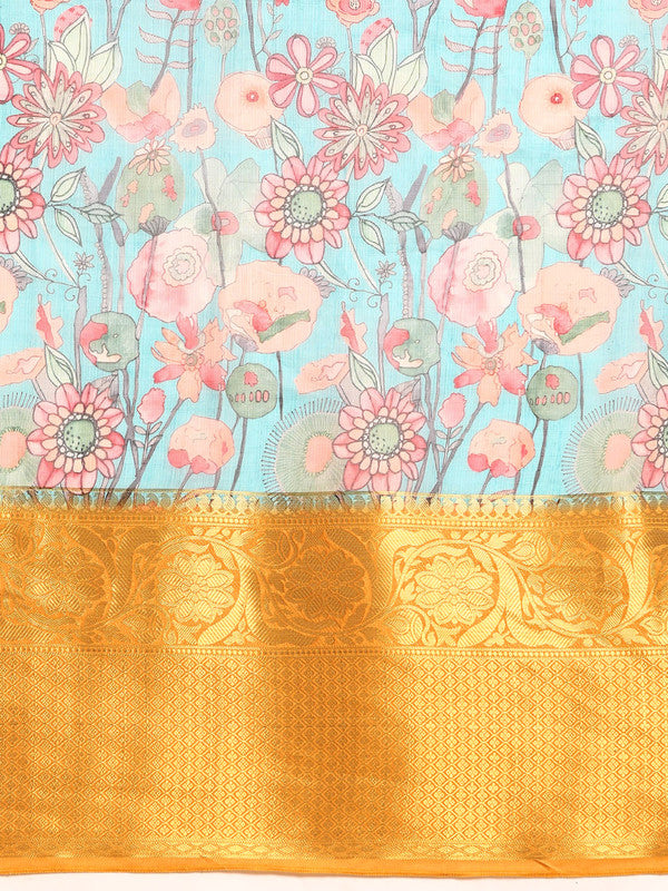 Turquoise Munga Silk Digital Print Floral Saree with Unstitched Blouse - Hiral Fashion | Swadesiicart