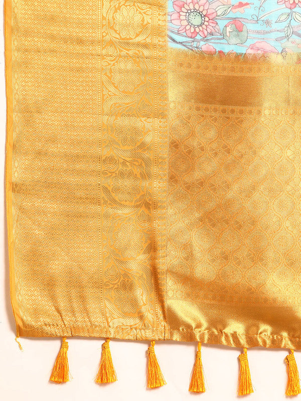 Turquoise Munga Silk Digital Print Floral Saree with Unstitched Blouse - Hiral Fashion | Swadesiicart