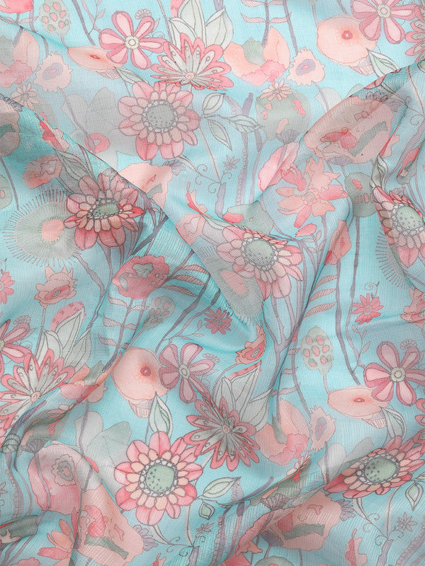 Turquoise Munga Silk Digital Print Floral Saree with Unstitched Blouse - Hiral Fashion | Swadesiicart