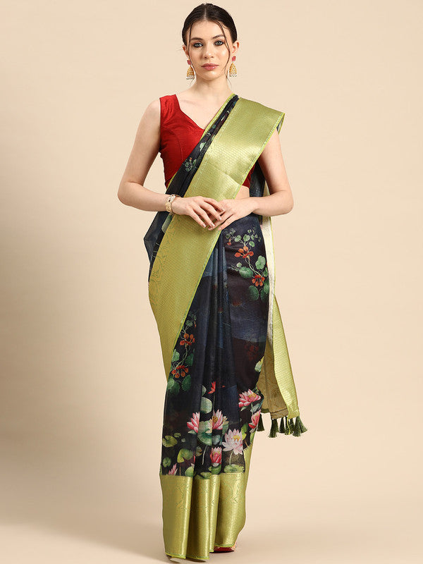 Navy Blue Munga Silk Digital Print Floral Saree with Unstitched Blouse - Hiral Fashion | Swadesiicart