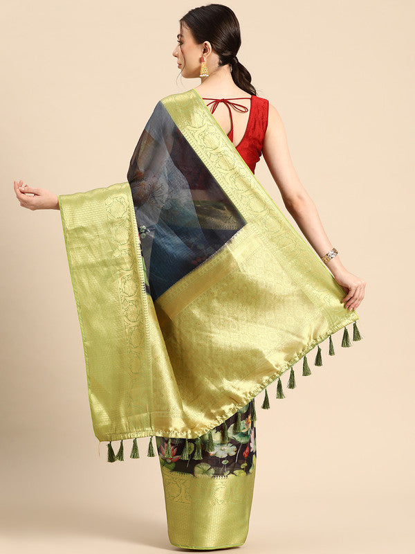 Navy Blue Munga Silk Digital Print Floral Saree with Unstitched Blouse - Hiral Fashion | Swadesiicart