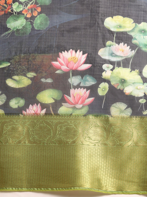 Navy Blue Munga Silk Digital Print Floral Saree with Unstitched Blouse - Hiral Fashion | Swadesiicart