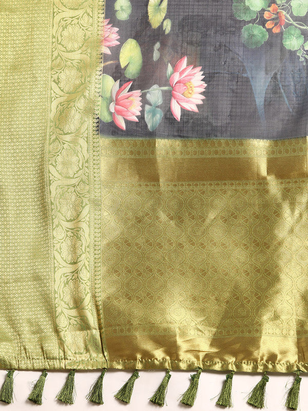 Navy Blue Munga Silk Digital Print Floral Saree with Unstitched Blouse - Hiral Fashion | Swadesiicart