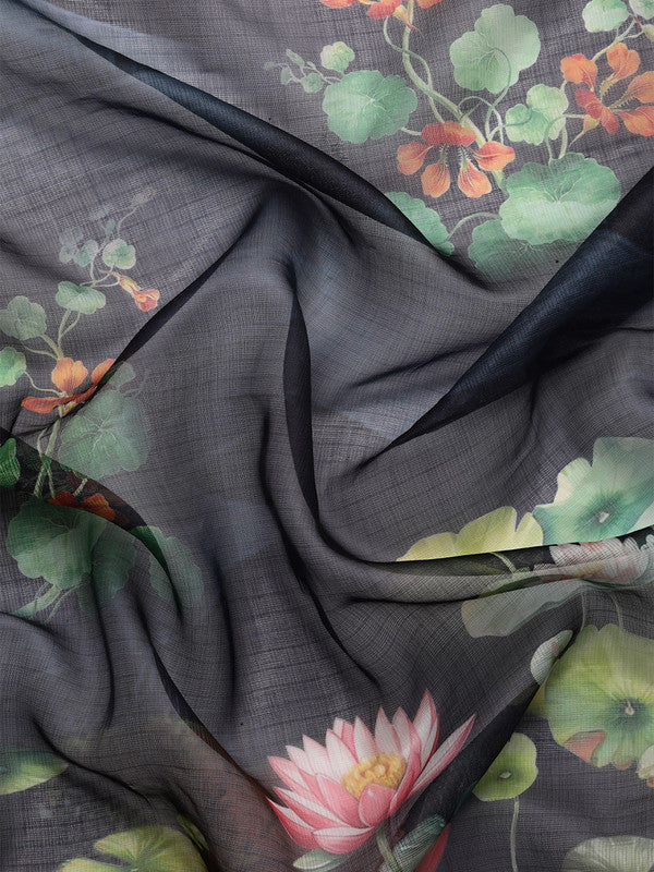Navy Blue Munga Silk Digital Print Floral Saree with Unstitched Blouse - Hiral Fashion | Swadesiicart