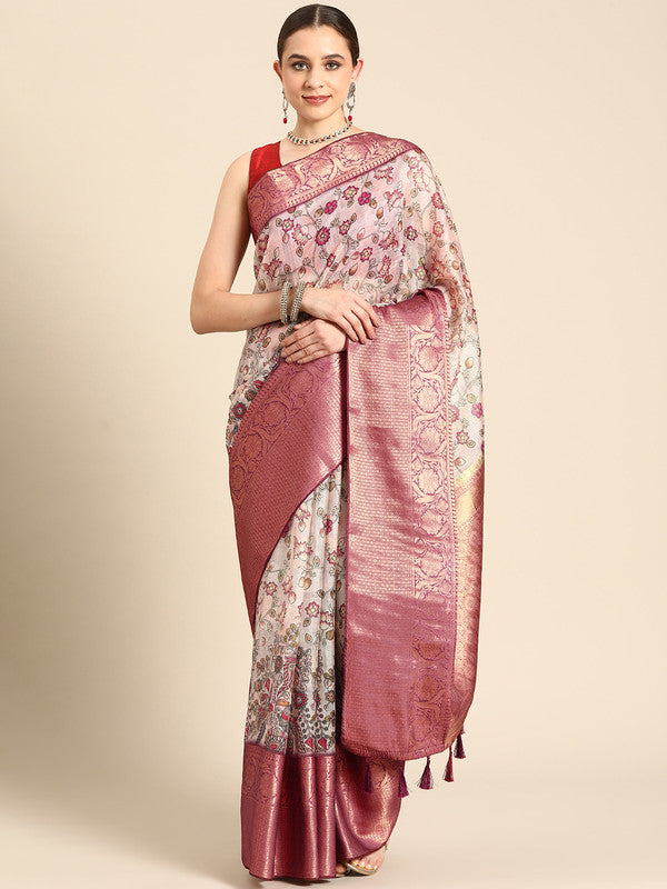 Beige Munga Silk Digital Print Floral Saree with Unstitched Blouse - Hiral Fashion | Swadesiicart