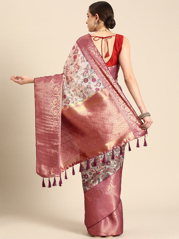 Beige Munga Silk Digital Print Floral Saree with Unstitched Blouse - Hiral Fashion | Swadesiicart