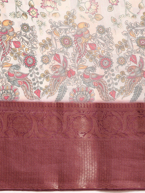 Beige Munga Silk Digital Print Floral Saree with Unstitched Blouse - Hiral Fashion | Swadesiicart