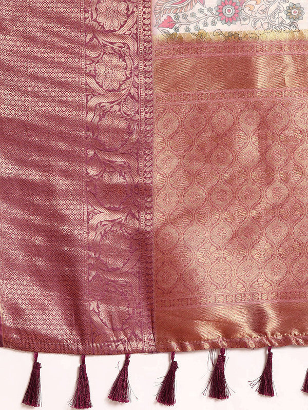 Beige Munga Silk Digital Print Floral Saree with Unstitched Blouse - Hiral Fashion | Swadesiicart